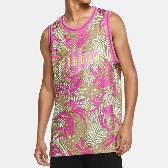 Nike Air Jordan Men SZ M "Wings" Pink/Green Floral Loose Fit Jersey - Picture 1 of 10